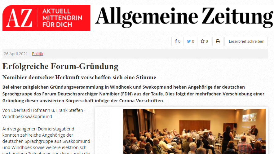Read more about the article Allgemeine Zeitung (Windhoek) – Erfolgreiche Forum-Gründung: Namibier deutscher Herkunft verschaffen sich eine Stimme