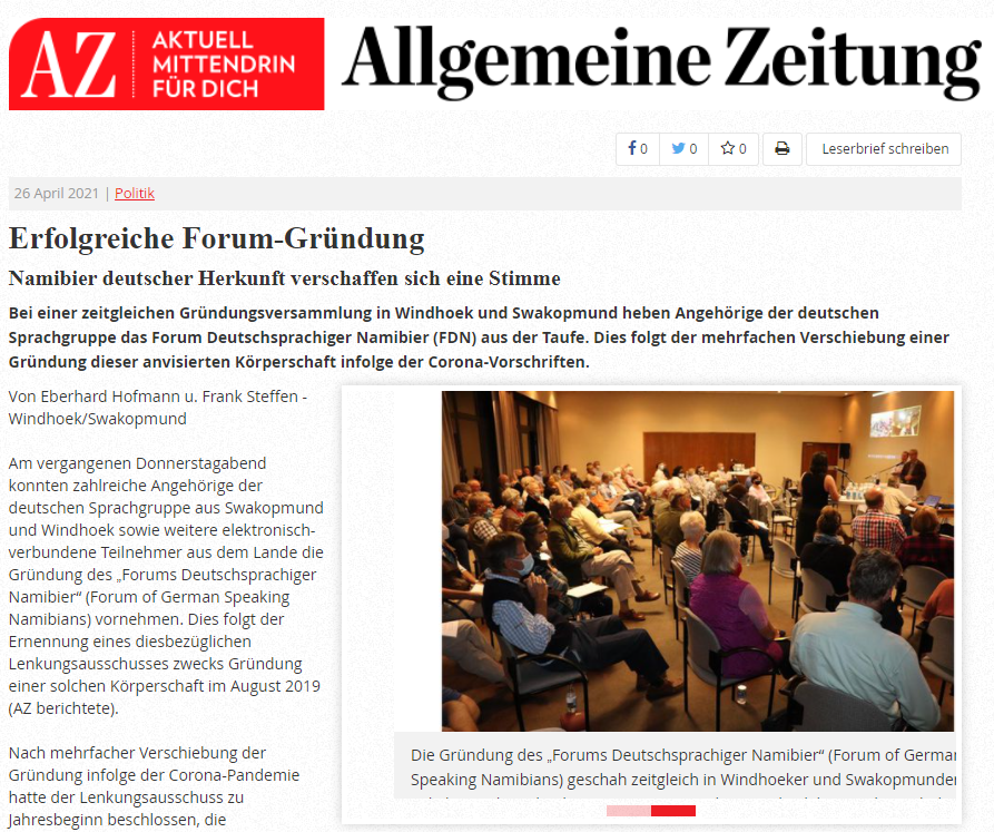 "Erfolgreiche Forum-Gründung", 26. April 2021, Allgemeine Zeitung