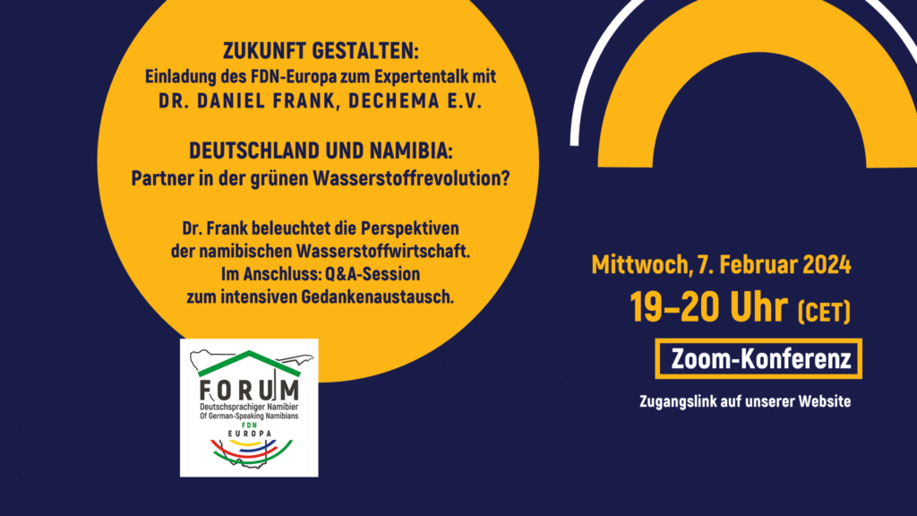 Flyer Deutschland und Namibia: Partner in der grünen Wasserstoffrevolution? - Vortrag von Dr. Daniel Frank, DECHEMA e.V.