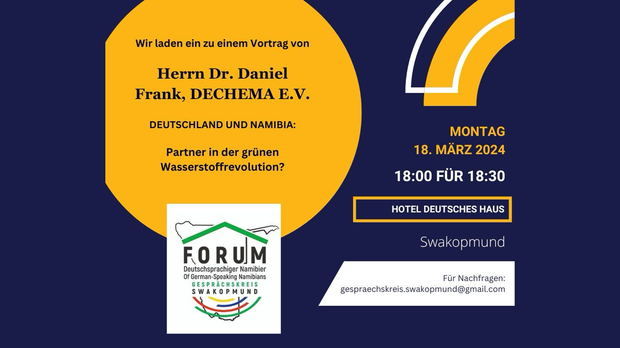 Read more about the article Deutschland und Namibia: Partner in der grünen Wasserstoffrevolution? – Vortrag von Dr. Daniel Frank, DECHEMA e.V., in Swakopmund